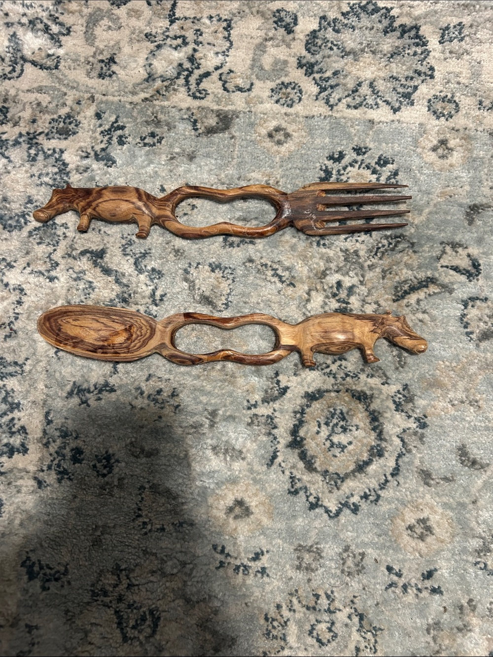 Carved Wooden Hippo Salad Server Set - Brown